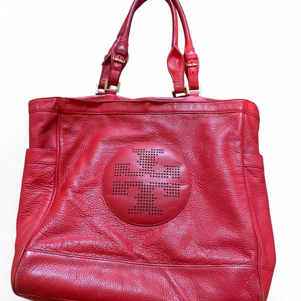 Vintage Tory Burch red leather tote shoulder bag with gold hardware
